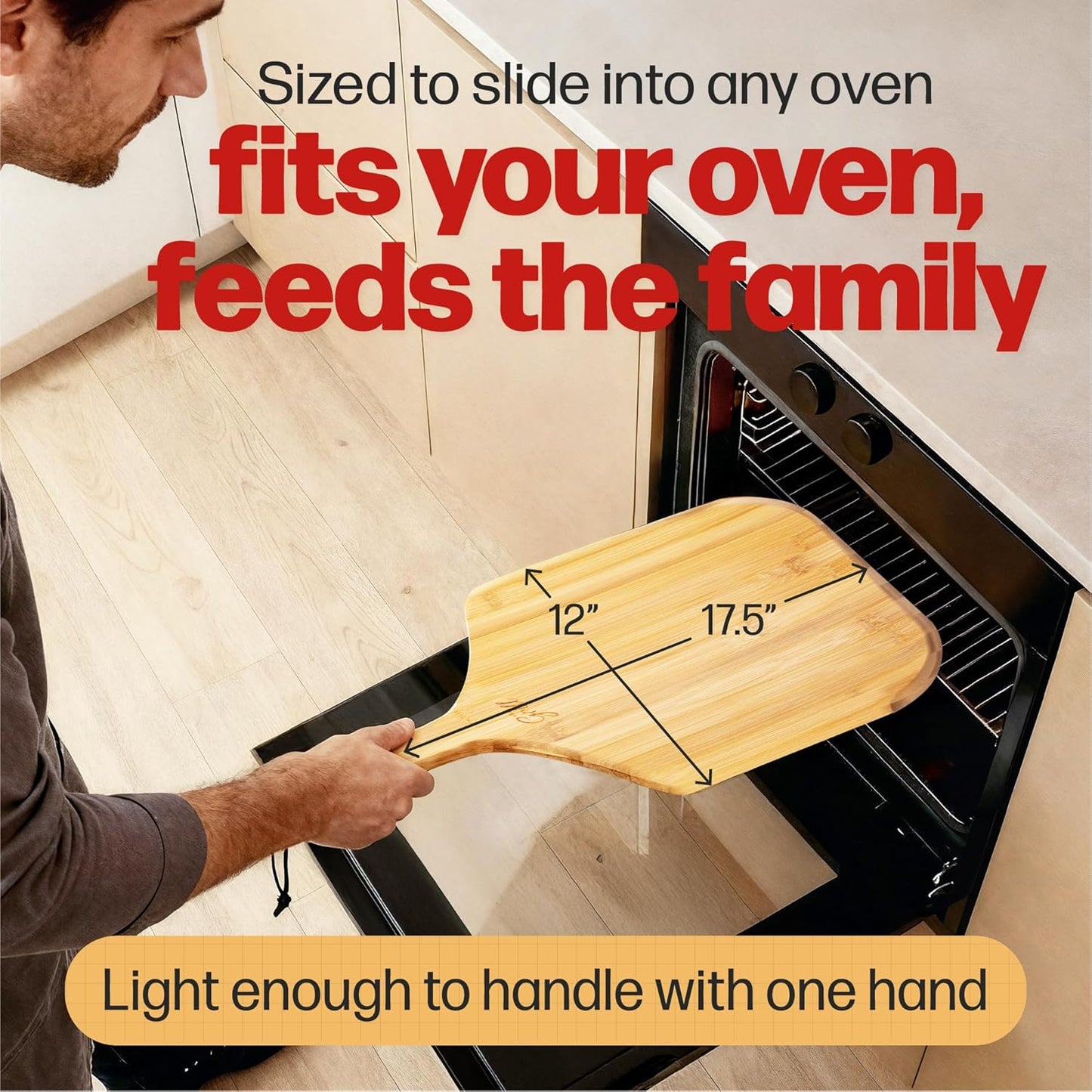 HANS GRILL Wooden Pizza Peel 12 Inch - Bamboo Wood Pizza Peel 12 Inch Paddle For Oven - Restaurant Grade Natural Bamboo Paddle, Multi-use Spatula - Large Wooden Board For Serving and Transferring