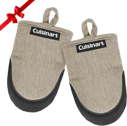 Cuisinart Mini Oven Mitts – 5.5” x 7” Heat-Resistant Kitchen Mitts for Oven with Non-Slip Neoprene Palm, Cotton Filling, and Fabric Loop – Durable Oven Mitt Set for Cooking & Baking (Taupe)