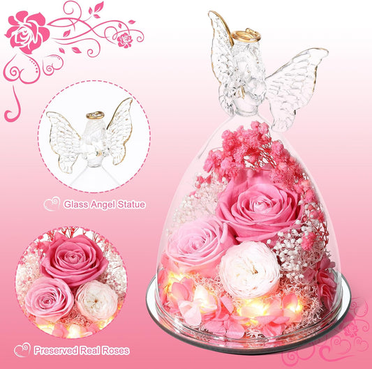 Christmas Rose Gifts for Women Preserved Real Flower in Glass Angel Figurines Roses for Delivery Prime Birthday Gifts for Mom Grandma Girlfriend Wife Her,Pink Austin Roses