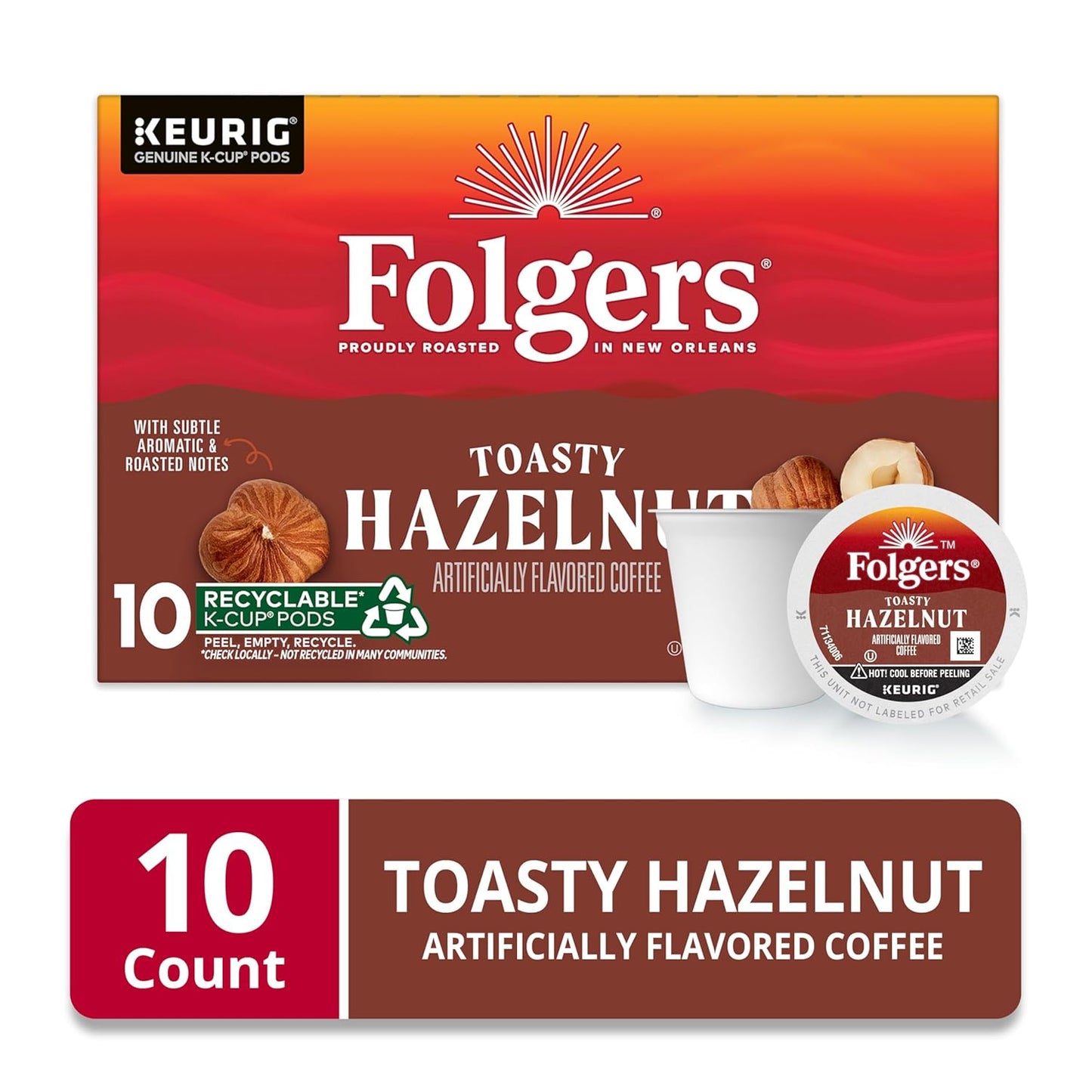 Folgers Toasty Hazelnut Artificially Flavored Coffee, Keurig K-Cup Pods, 10 Count Box