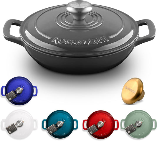 Signature Enameled Cast Iron Braiser, Non-Stick Serving Pot with Tight Fitting Lid for Perfect Roasting, Baking, Sauteing, Searing, and Pan Frying | 3.5Q (3.3L) - Oyster Grey