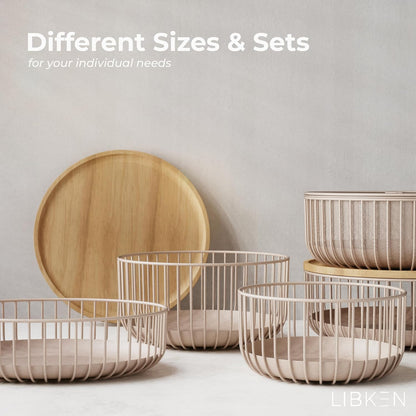 Fruit Basket for Kitchen - Multi-Purpose Stackable Basket with Wooden Lid - Powder Coated Metal and Rubber Wood - Wire Baskets for Organizing - Minimal Design - 11.4''x11.4''x4.5'' - Peach