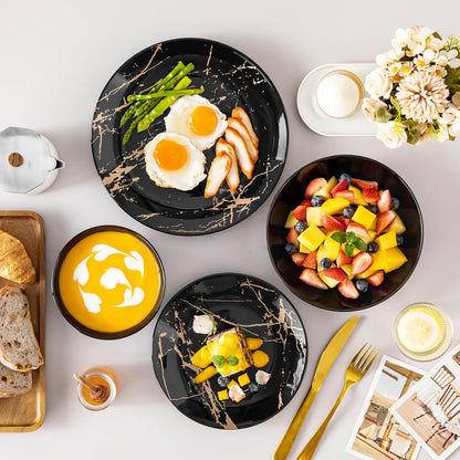 LOVECASA Plates and Bowls Sets for 6, 24 Pieces Porcelain Dinnerware Sets, Black and Gold Dish Set Gold Splash Dishware Sets, Dishwasher Microwave Safe