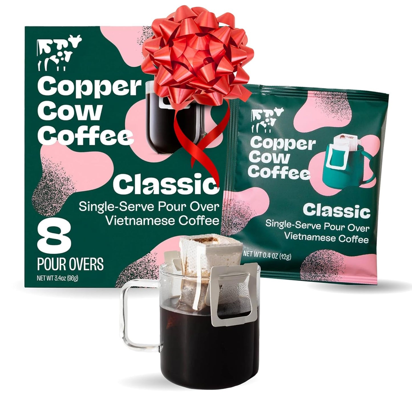 Copper Cow Coffee Premium Pour Over Single-Serve Vietnamese Coffee Pouches (8 pack) | Classic Black | Dark Roast | Convenient Vietnamese Ground Coffee Packets, Travel Friendly