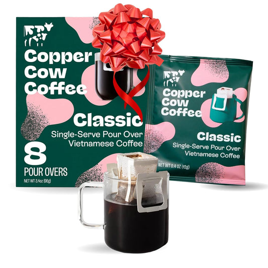 Copper Cow Coffee Premium Pour Over Single-Serve Vietnamese Coffee Pouches (8 pack) | Classic Black | Dark Roast | Convenient Vietnamese Ground Coffee Packets, Travel Friendly