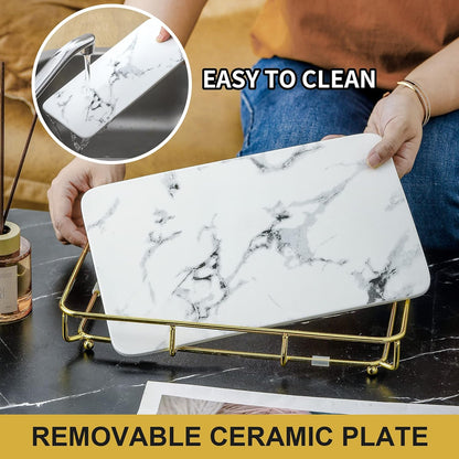 Vanity Tray Makeup Organizer Cosmetics Storage Bathroom Skincare Organizer Countertop Display Rack in Dresser Stainless Steel Shelf Marble Print Ceramic Trays