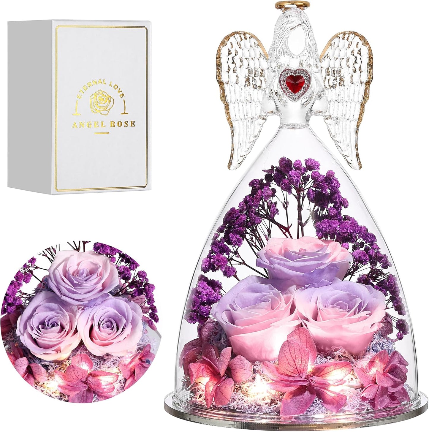 Mothers Day Rose Gifts for Women, Large Angel Figurines with Real Roses, Preserved Real Flower Rose for Her, PinkPurPur