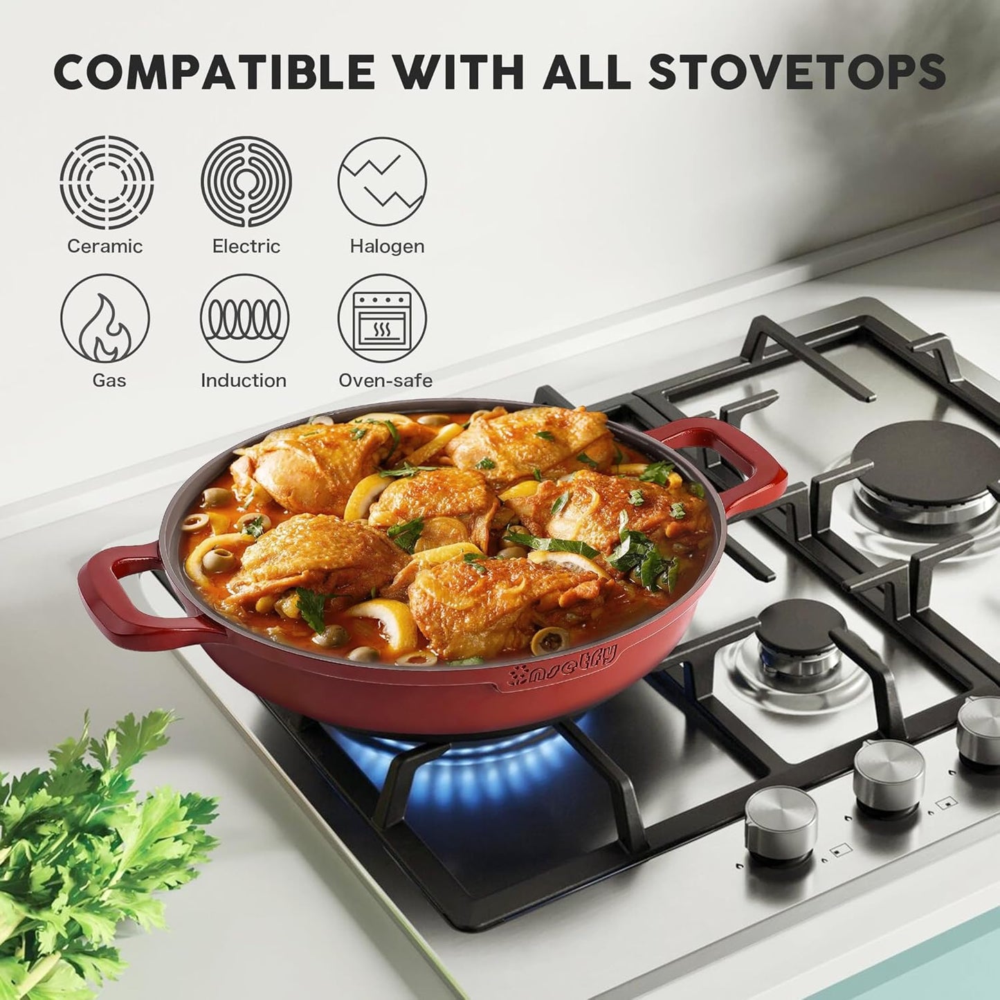 Non-Stick Frying Pan/Skillet 11", 3QT Tagine Pan,Cast Aluminum Pans with Lid, Stove/Oven-to-Table Cookware, Dishwasher Safe& Compatible with All Stovetops（Red）