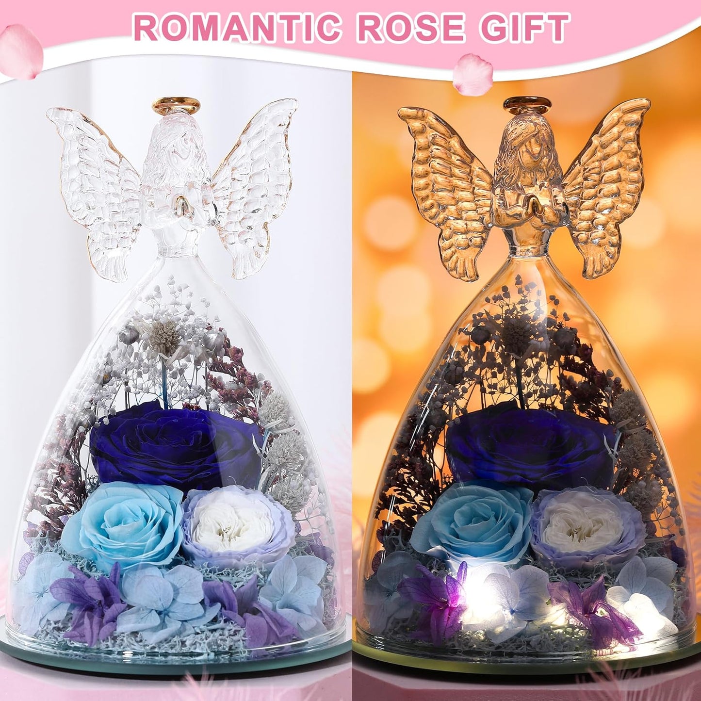 Christmas Rose Gifts for Women Preserved Real Flower in Glass Angel Figurines Roses for Delivery Prime Birthday Gifts for Mom Grandma Girlfriend Wife Her,Blue Austin Roses
