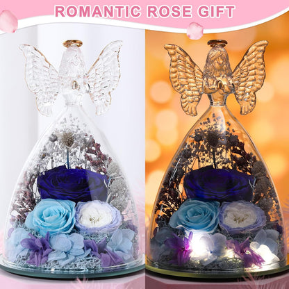 Christmas Rose Gifts for Women Preserved Real Flower in Glass Angel Figurines Roses for Delivery Prime Birthday Gifts for Mom Grandma Girlfriend Wife Her,Blue Austin Roses