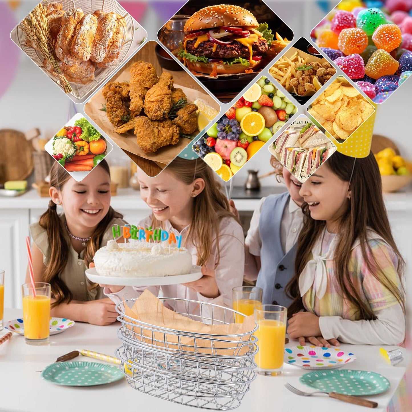 12 Pack Oval Wire Bread Basket, 9.65 x 6.1 x 2.17 Inch Metal Fast Food Baskets with 50 Sheets Deli Wrappers Paper, Metal Dinner Roll Baskets for Home & Kitchen, Serving and Storage(Silvery)