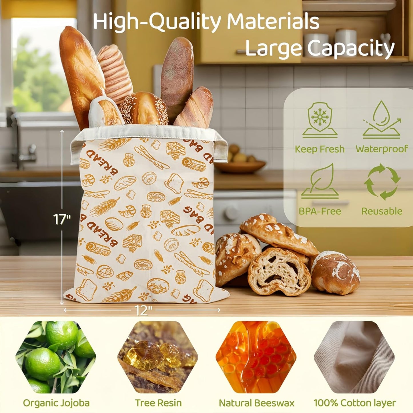 1 Pack XL Beeswax Bread Bags with Zipper Seal – Reusable Cotton Linen Waxed Bread Bags for Homemade Bread, Sourdough Storage, Eco-Friendly Bees Wax Bag Alternative to Plastic (1)
