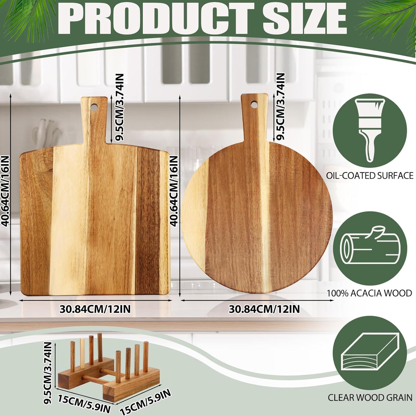2 Pack Acacia Wood Cutting Board with Stand, Charcuterie Boards for Kitchen, Round & Rectangular Wooden Cutting Board Set for Cheese, Meat, Pizza, Vegetables, Bread(16 x 12 Inch)