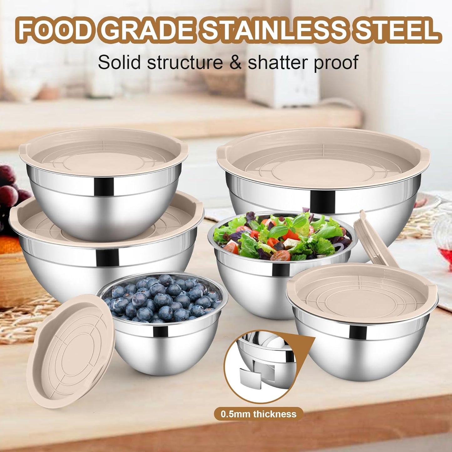 LIANYU 6 Piece Mixing Bowls with Lids Set, Size 7 & 3.5 & 2.5 & 2 & 1.5 & 1QT, Stainless Steel Cooking Serving Bowls, Metal Kitchen Nesting Bowl for Prepping & Food Storage, Dishwasher Safe, Khaki