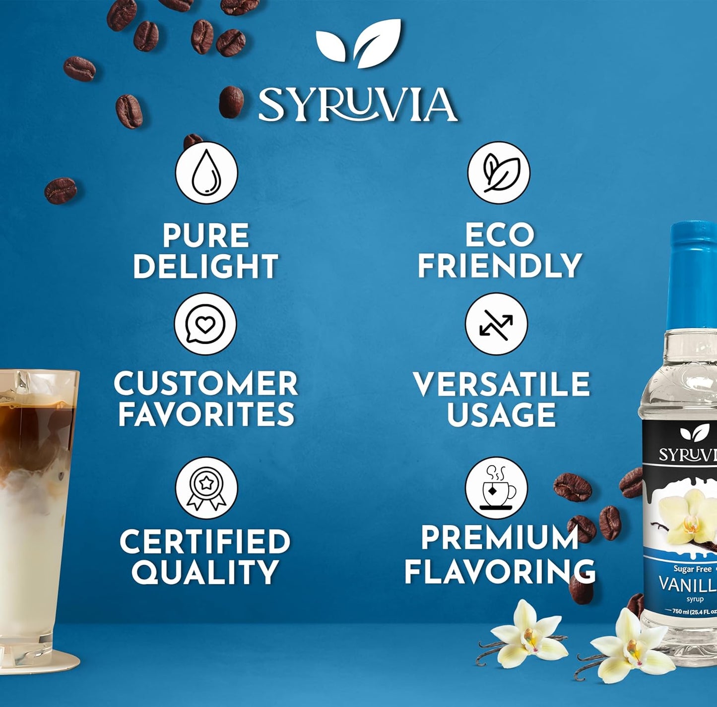 Syruvia Sugar Free Coffee Syrup, Vanilla Flavored Syrup for Drinks, Lattes, and Desserts – 25.4 fl oz