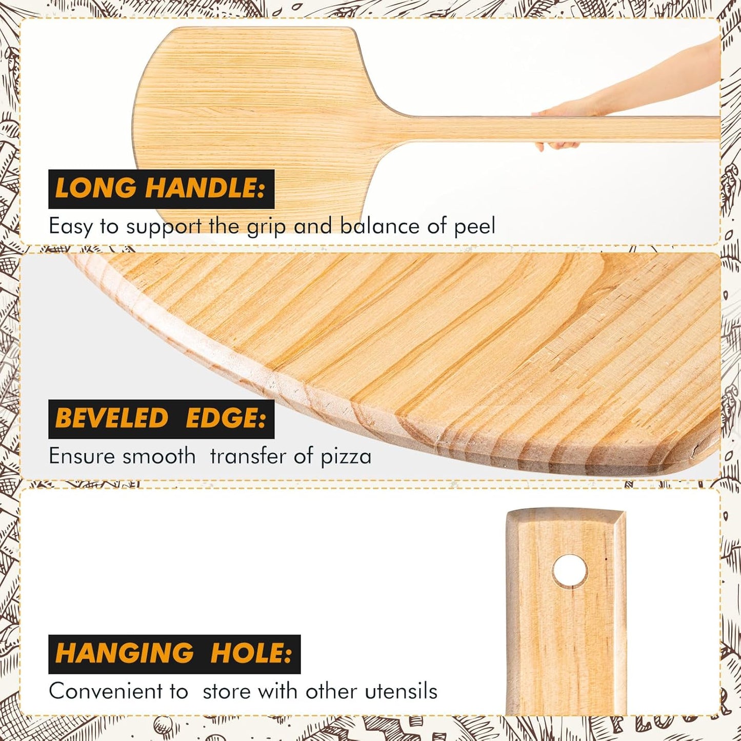 Bokon 2 Pack Wooden Pizza Peel, 16 x 14 Inch Large Pizza Paddle Set with 4 Inch Wooden Handle for Oven, Stone, Pan or Grill, Spatula for Baking Bread and Cake - Indoor & Outdoor