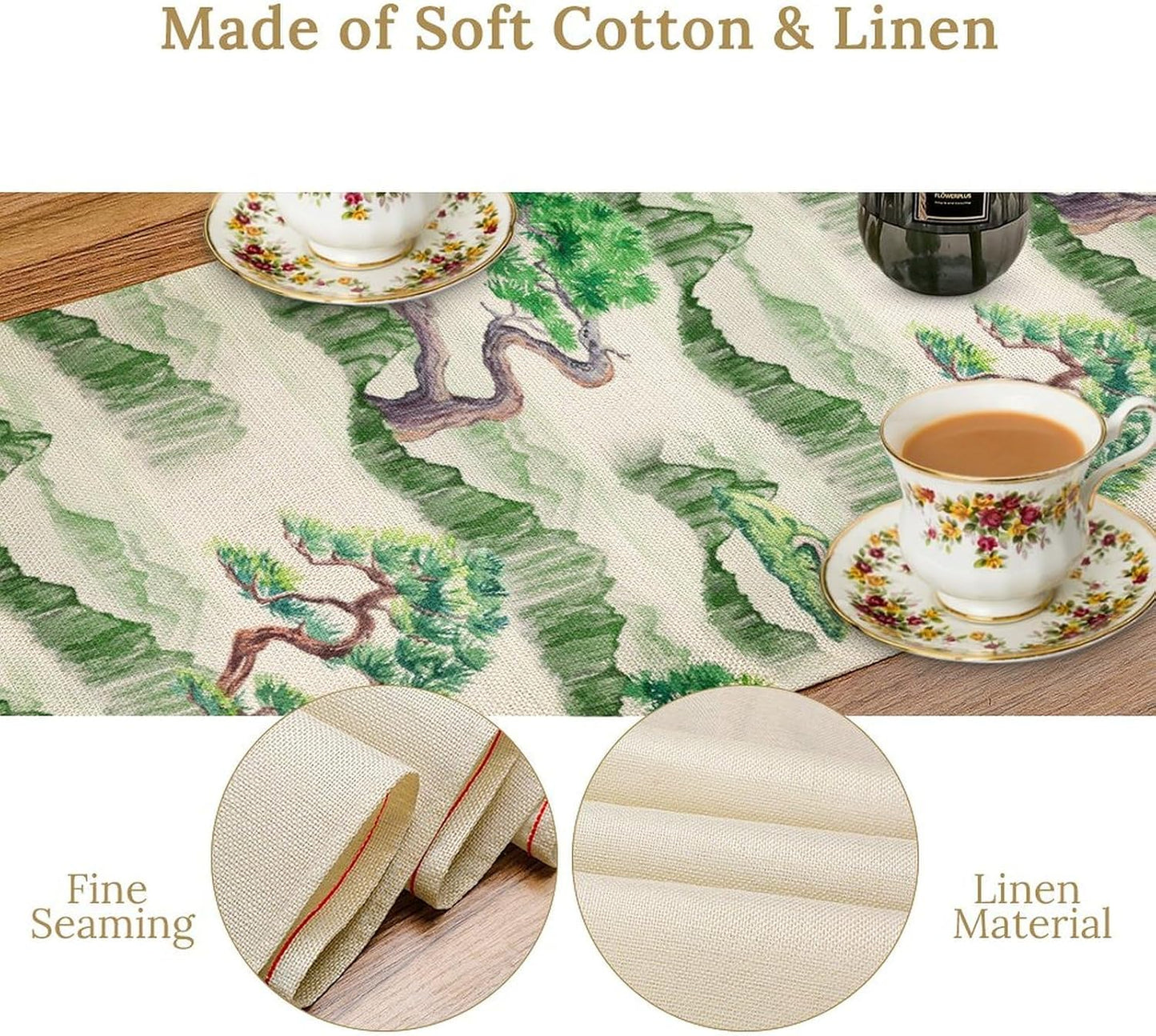 Chinese Natural Scenery Table Runner, Japanese Ink Wash Painting Plants Tree Mountain Green Colorful Forest Table Runner for Kitchen Living Room Bedroom Home 13x70 Inch