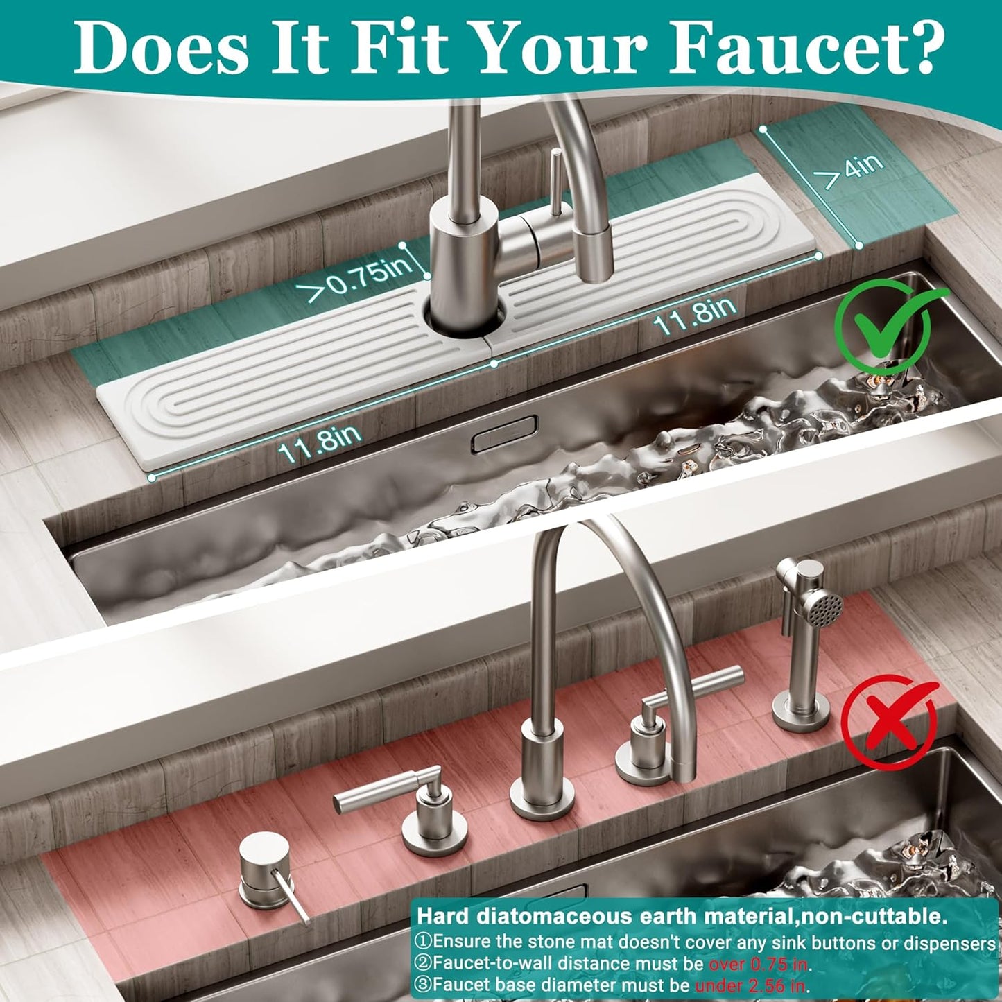 Stone Faucet Mat for Kitchen Sink - Quick Dry Diatomite Sink Splash Guard, Prevents Moisture Buildup & Water Stains, Water Absorbing Stone Tray for Bathroom Countertop (White, 23.6" x 4")