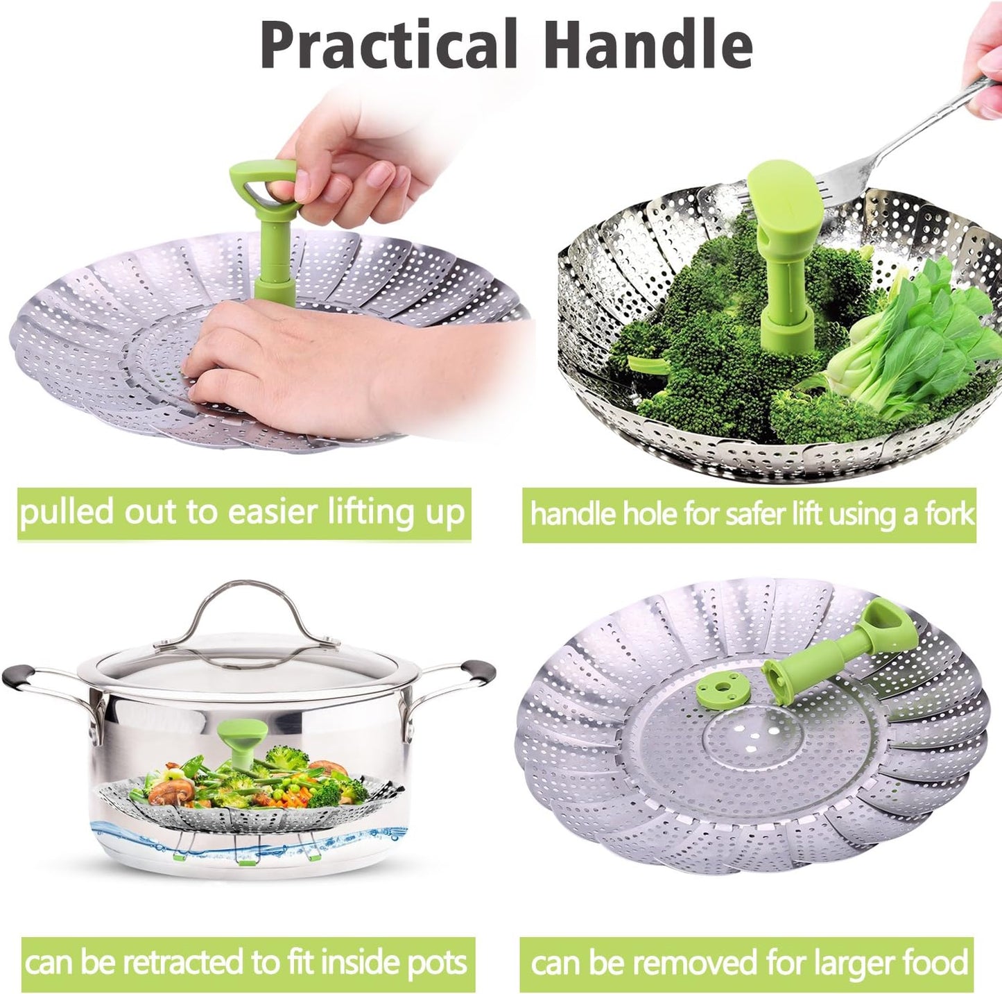 Consevisen Vegetable Steamer Basket for Cooking Food, Stainless Steel Veggie Steam Basket for Pot, Folding Expandable Steaming Insert with Extendable Handle Fits Various Size Pot, 7.1" to 11"