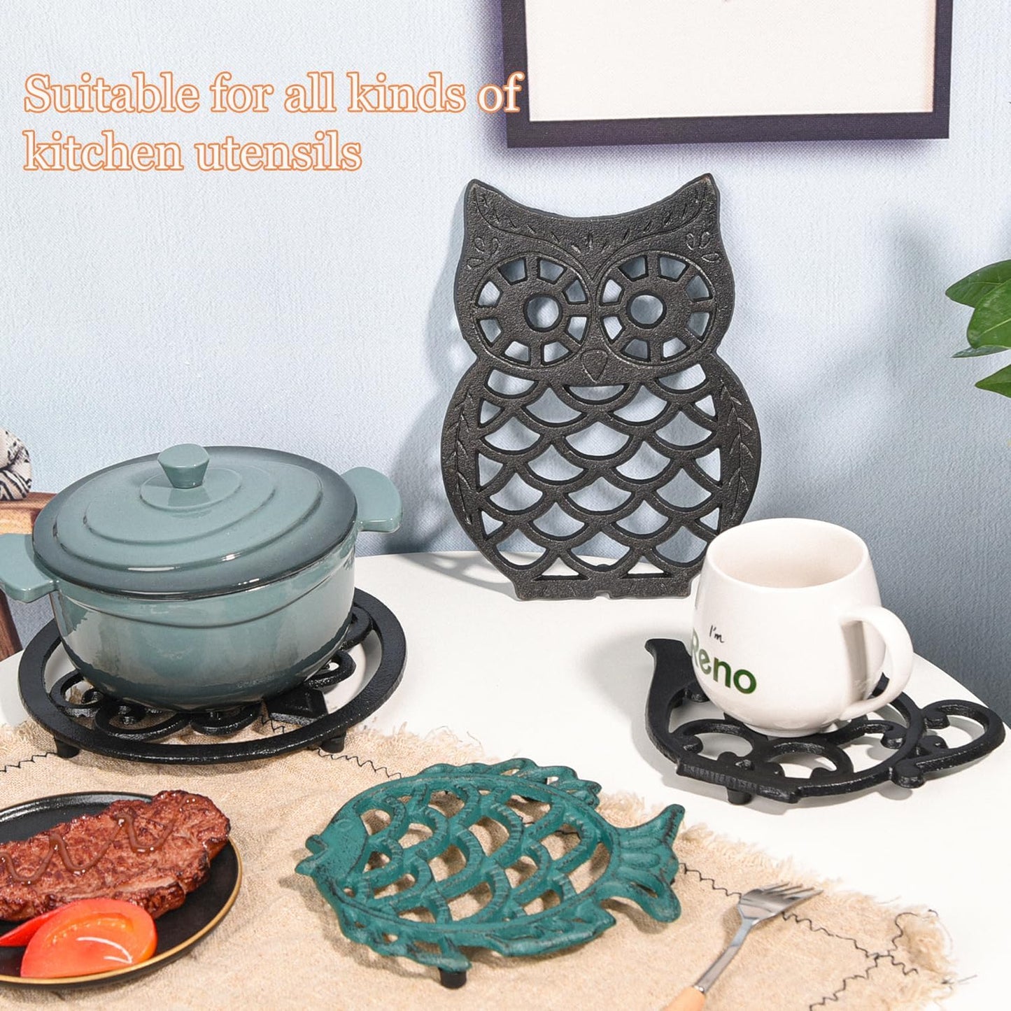 Sungmor Decorative Cast Iron Owl Trivet – Heat-Resistant Vintage-Style Hot Plate for Kitchen Counter or Table – Heavy Duty Metal Trivet with Rubber Feet – Black Rustic Finish