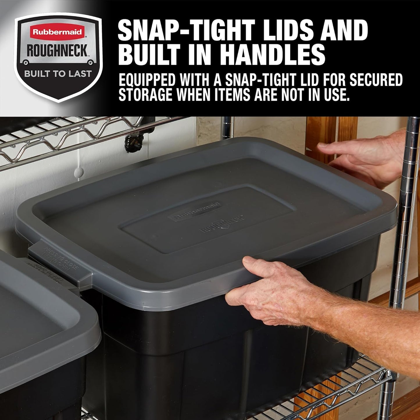 Rubbermaid Heavy Duty Black Storage Bins Plastic Totes with Lids for Storage, Stackable, Large Capacity, Durable, Multipurpose, 14 GAL, 6 Pack (14 GAL - 6 Pack Solid Black and Grey)