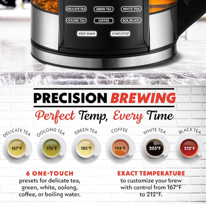 Gourmia Electric Programmable Glass Kettle – 1.7L Temperature Control Tea & Coffee Kettle with Digital Touch Display, 6 Presets, Keep Warm, Removable Stainless Steel Infuser, 360° Swivel Base – Red