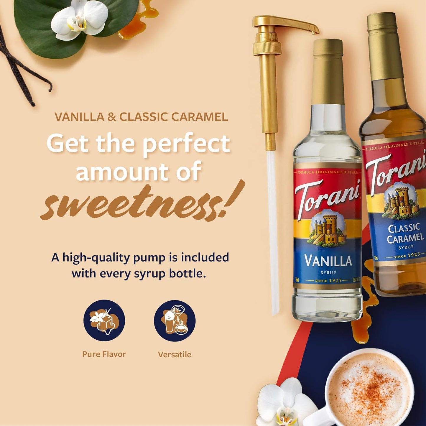 Torani Syrups, Classic Caramel and Vanilla Syrup Variety 2-Pack, Coffee Syrups for Drinks, Pumps Included, 25.4 Fl Oz Ea