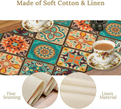 Vintage Bohemian Table Runner, Retro Floral Old Countryside Pattern Farmhouse Table Runner for Kitchen Home Party Dining Room Holiday Coffee 13x90 Inch