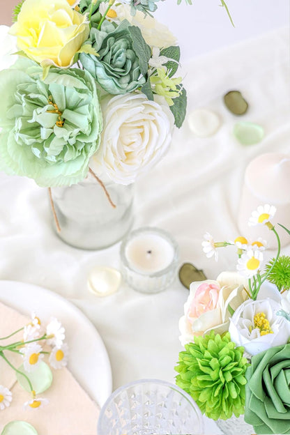 Artificial Flowers, White Green Fake Silk Flower, Silk Flowers with Stems, Wedding Cake Flowers for DIY Wedding Bridal Bouquets Centerpieces Decor