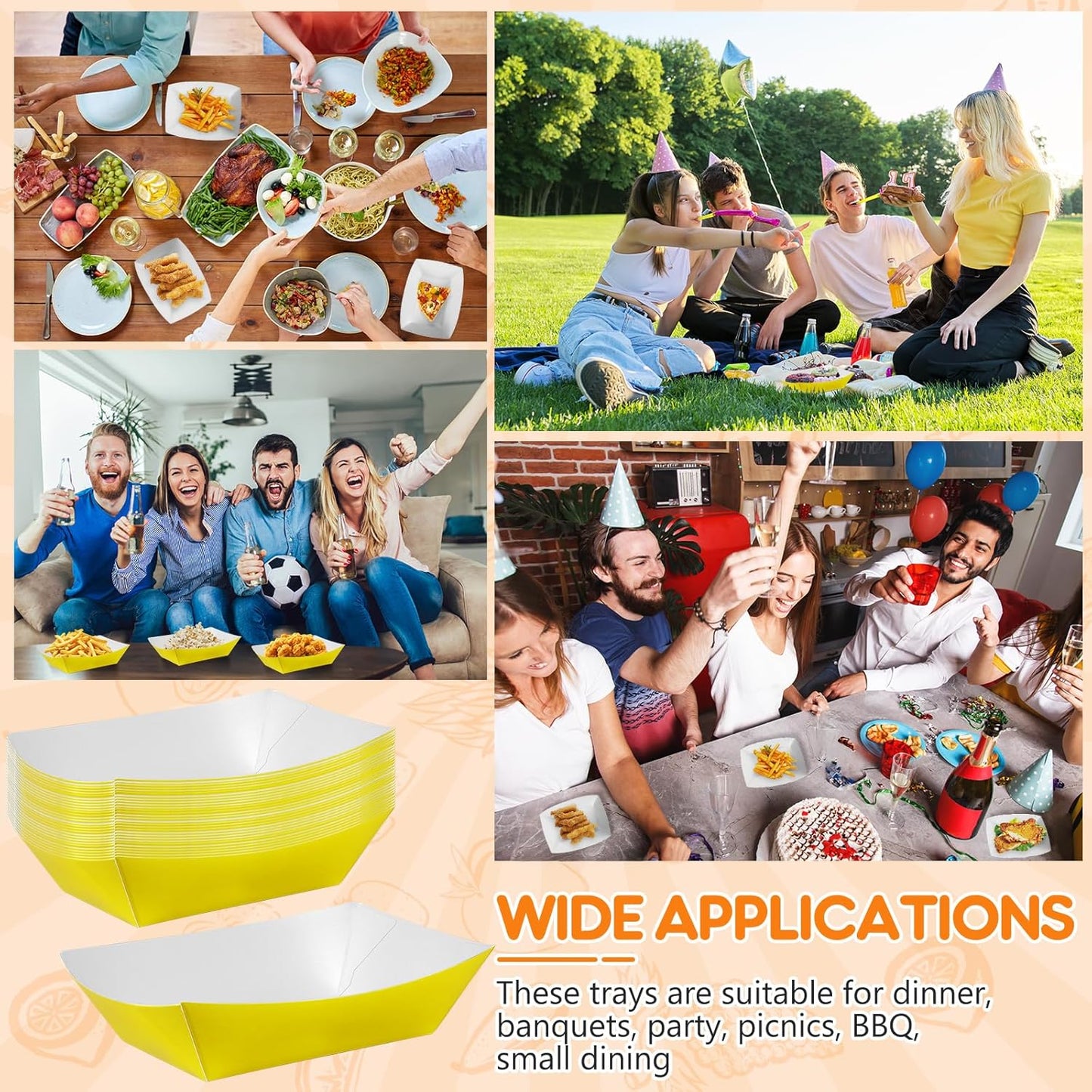100 Pcs Yellow Paper Food Tray Sturdy Disposable Food Boats Nacho Plates Disposable Serving Snack Trays for Catering, Party Birthday Supplies, and Food Service (Yellow)