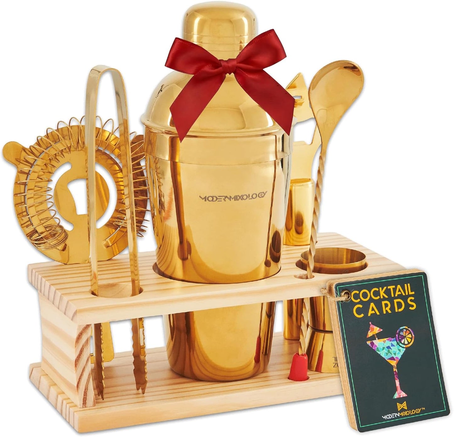 Modern Mixology Cocktail Shaker Set - 8 Piece Bartender Kit with Martini Shaker and Popular Bar Accessories on Quality Pine Stand - Leak Proof Design (Gold)