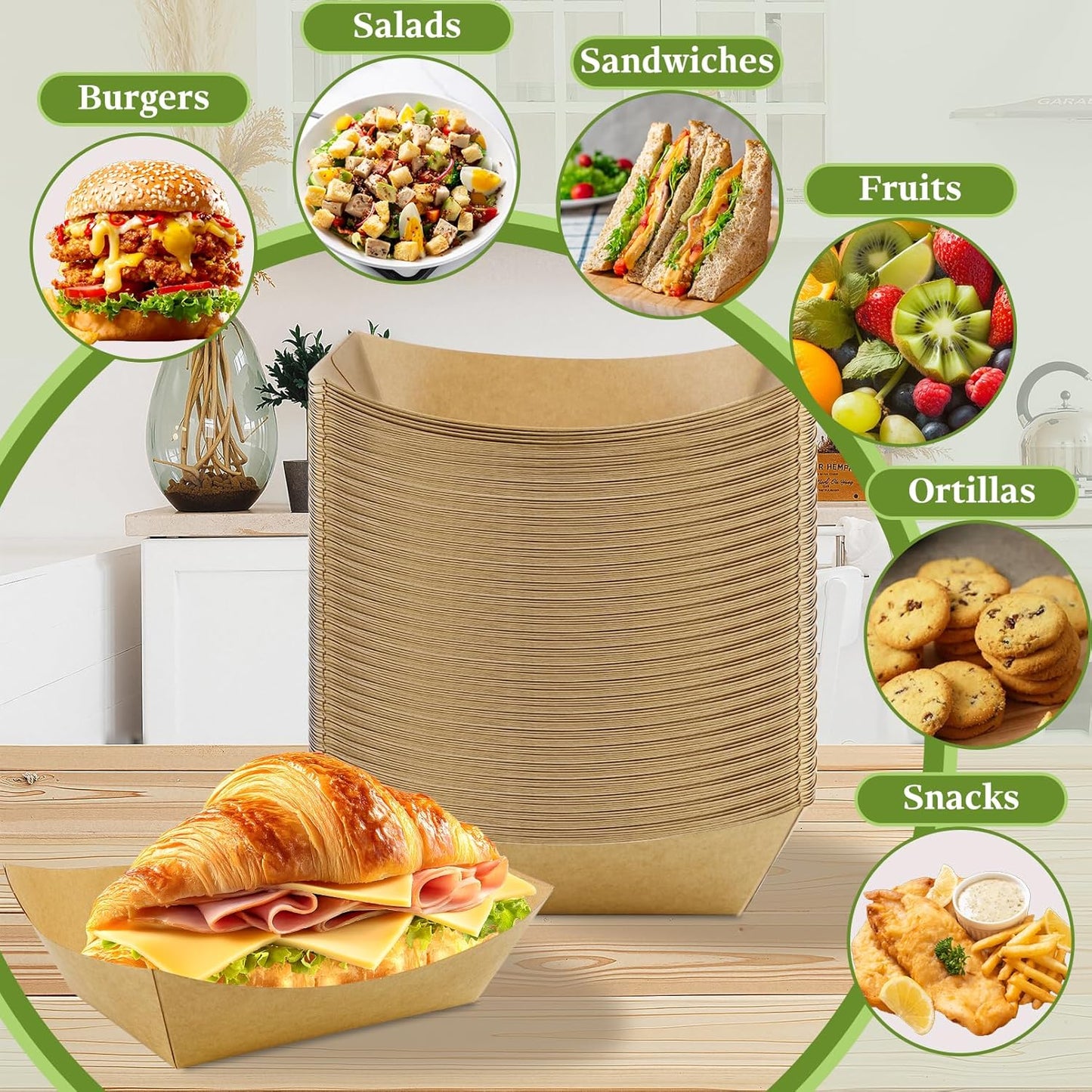 100 Pack 2lb Paper Food Trays, Brown Kraft Paper Food Boats, Heavy Duty Disposable Serving Basket, Disposable Nacho Trays for Party Snacks Nachos Fries Hot Dogs Tacos BBQ Popcorn