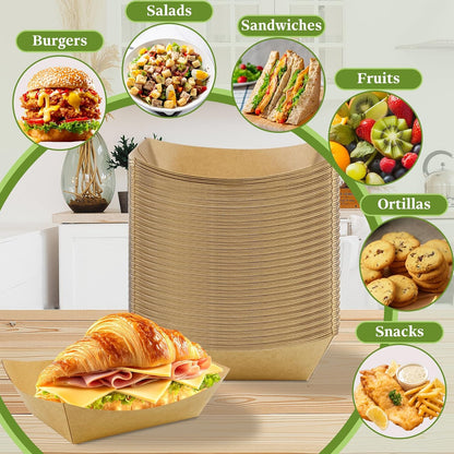 100 Pack 2lb Paper Food Trays, Brown Kraft Paper Food Boats, Heavy Duty Disposable Serving Basket, Disposable Nacho Trays for Party Snacks Nachos Fries Hot Dogs Tacos BBQ Popcorn