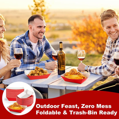 50 Pcs 2lb Paper Food Boat Trays Disposable，Snack Tray，Food Trays for Snack French Hot Dog Taco Popcorn Picnic party Wedding，Concession Stand Supplies (Red)