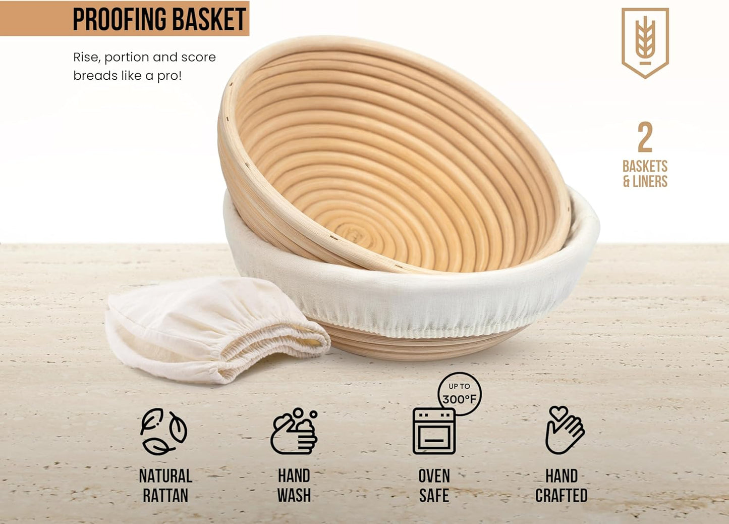 Banneton Bread Proofing Basket, Kook, Sourdough Proofing Bread Basket, Bread Banneton Proofing, Artisan Sourdough Making Baskets, 9 Inch Rattan Baskets and Cloth Liners, Set of 2, Round