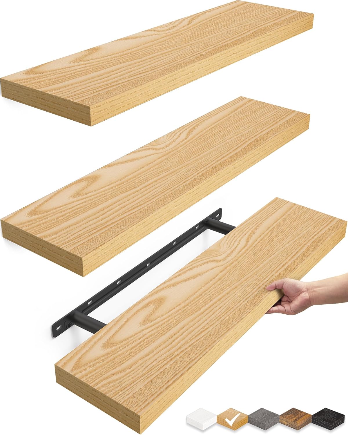 BAYKA Floating Shelves for Wall, 22.5 inches Wall Mounted Rustic Wood Shelves for Bathroom, Bedroom, Living Room, Floating Shelves for Books/Storage/Decor (Light Oak-Toned,Set of 3)