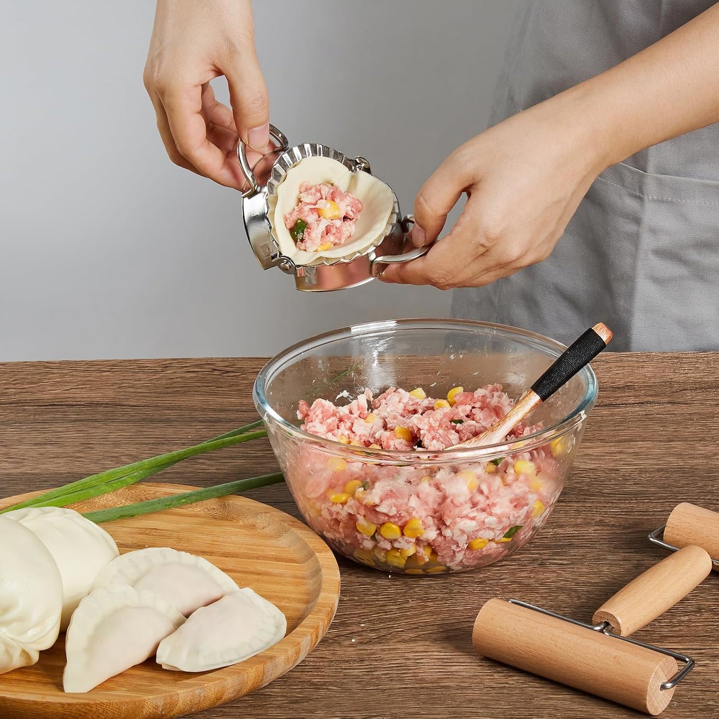 MacaRio Bamboo Steamer Basket Set 10 inch Dumpling Steamer for Cooking with Side Handles Ring Adapter Roller Dumpling Cutter & Press Liners for Dim Sum Dumplings Buns Seafoods Vegetables Rice