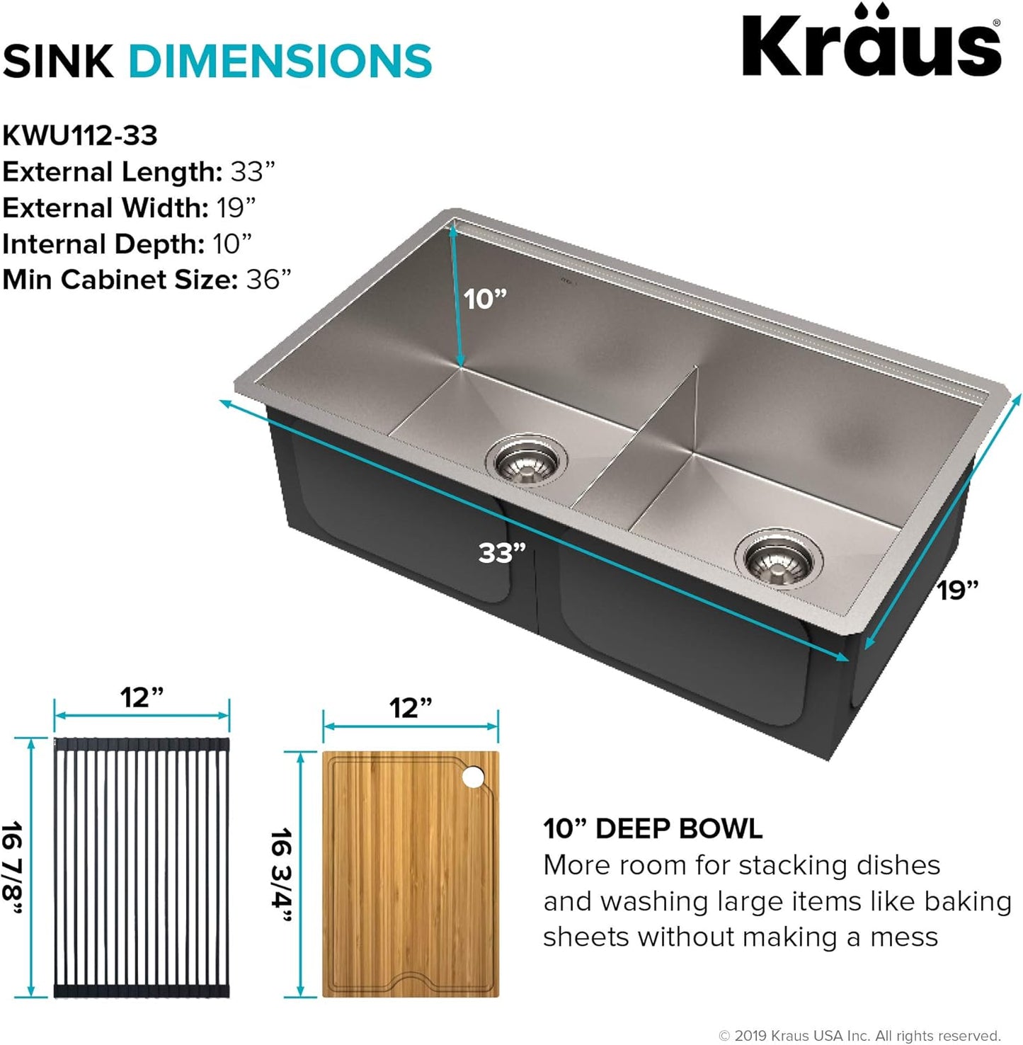 KRAUS Kore™ Workstation 33-inch Undermount 16 Gauge Double Bowl Stainless Steel Kitchen Sink with Accessories (Pack of 8) with WasteGuard™ Continuous Feed Garbage Disposal, KWU112-33-100-75MB