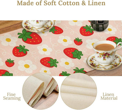 Pink Strawberry Table Runner, Spring Summer Cute Sweet Strawberry Fruits Floral Farmhouse Coffee Table Center Decor for Home Kitchen Dining Patio Holiday Party Table Decorations 13x36 inches