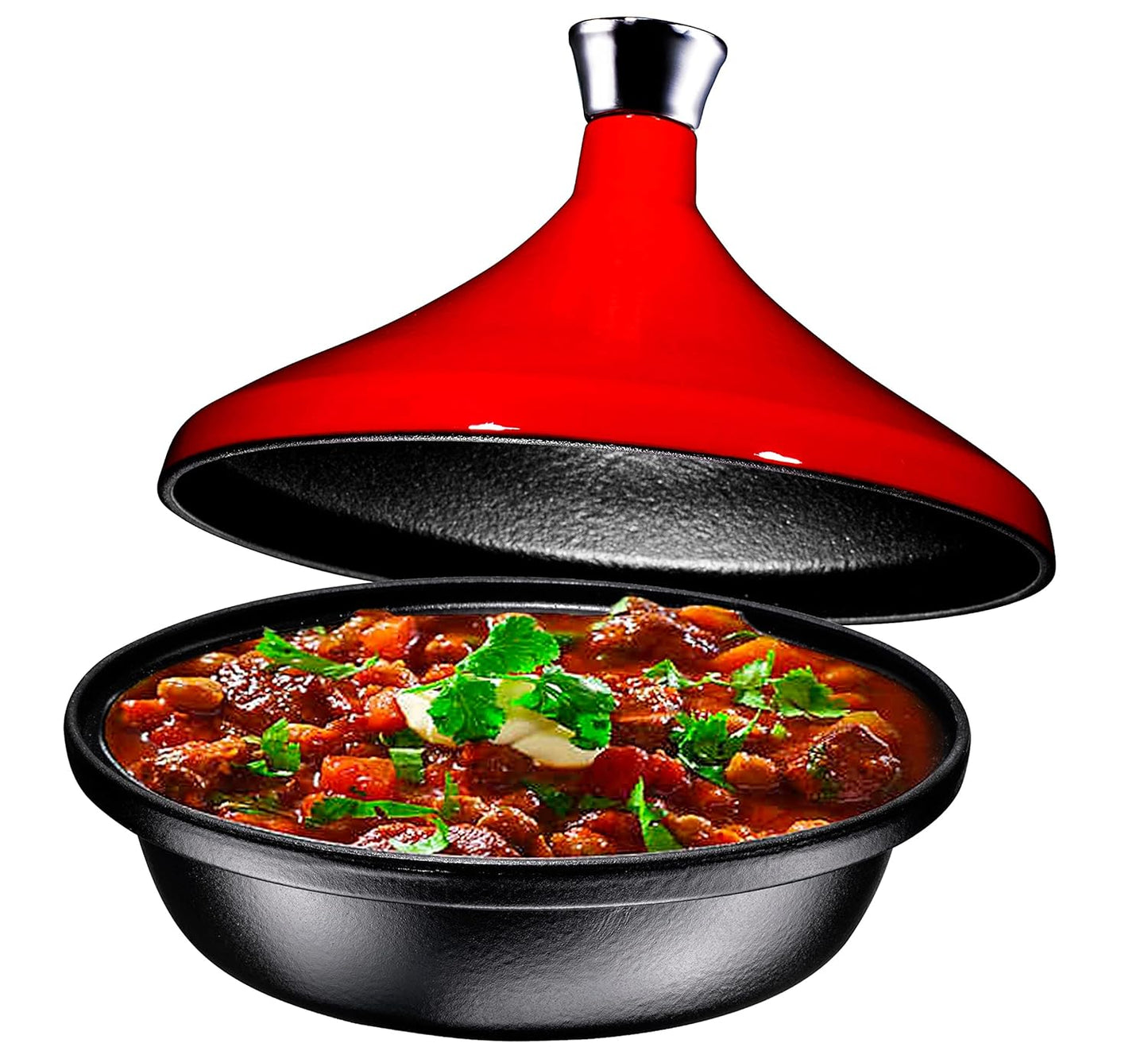 Bruntmor Moroccan Tagine, Cast Iron, Red, 3.5-Quart, Round, With Lid