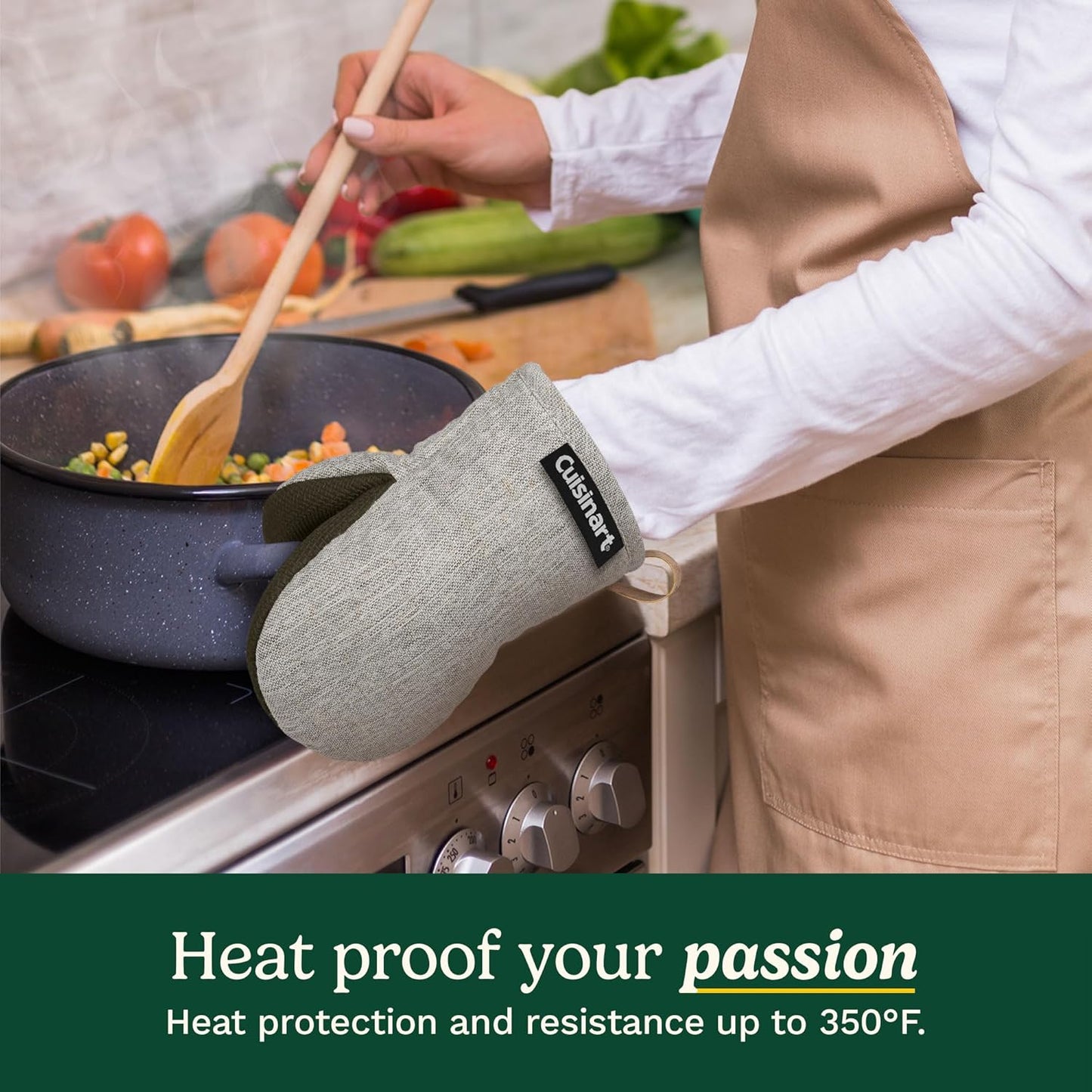 Cuisinart Heritage Mini Oven Mitts – 5.5” x 7” Heat-Resistant Kitchen Mitts for Oven with Non-Slip Neoprene Palm, Cotton Filling, and Faux Leather Loop – Durable Oven Mitt Set for Cooking & Baking