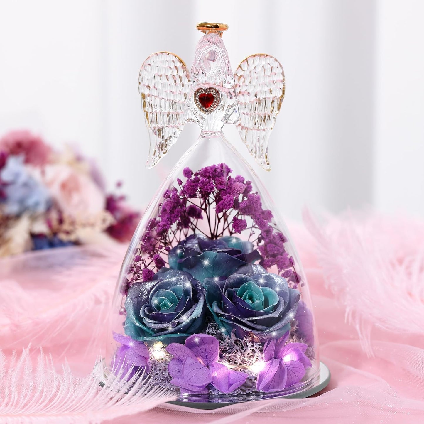 Mothers Day Rose Gifts for Women, Large Angel Figurines with Real Roses, Preserved Real Flower Rose for Her, Glittery Blue Purple