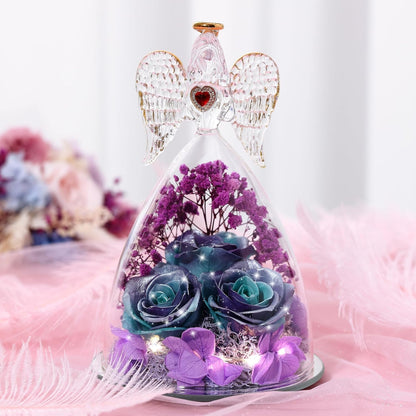 Mothers Day Rose Gifts for Women, Large Angel Figurines with Real Roses, Preserved Real Flower Rose for Her, Glittery Blue Purple