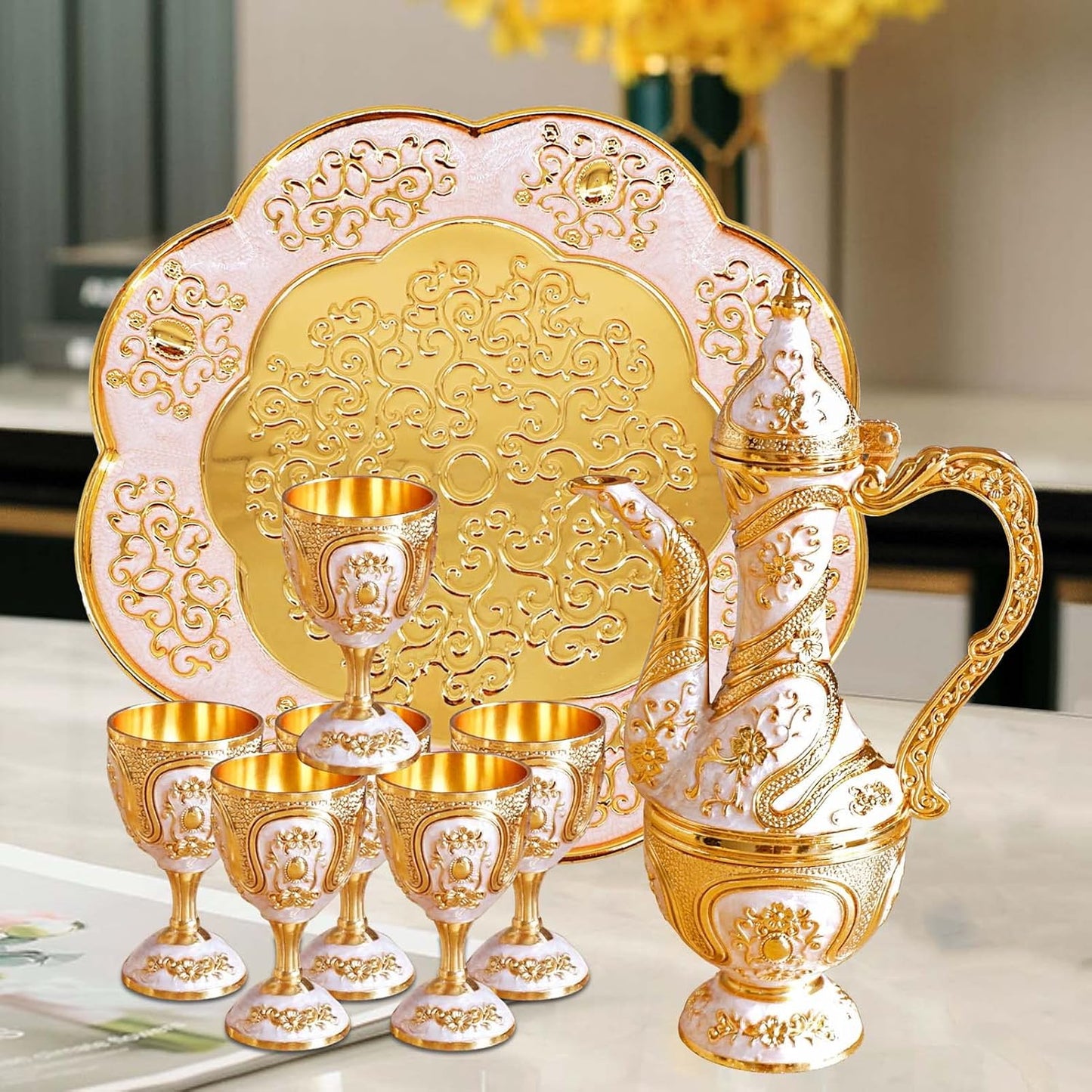 Vintage Turkish Coffee Pot and Cups Set,Tea Service Set Including Teapot,Tea Tray and Metal Cups for Wine Cabinet Decor,Wedding Ornaments (Gold and White)
