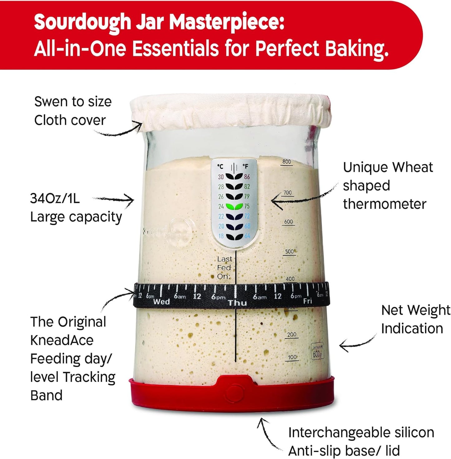 KneadAce Complete Sourdough Bread Baking Kit - 34oz Starter Jar, Cotton Rope Proofing Baskets, Magnetic Bread Lame, and Fast-Activation Sourdough Starter Culture for Perfect Artisan Loaves