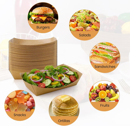 100 Pack 3lb Paper Food Trays, Heavy Duty Disposable Food Boats, Disposable Nacho Trays, Kraft Paper Serving Basket for Party Snacks, Nachos, French Fries, Hot Dogs, Tacos, BBQ, Brown