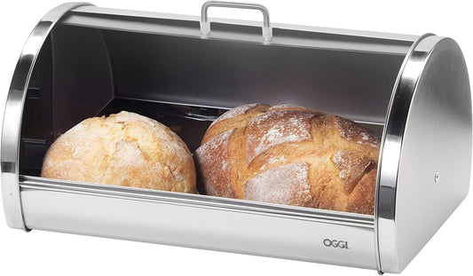 Oggi Stainless Steel Roll Top Bread Box for Kitchen Countertop with Frosted Plexilass Lid - Fits Multiple Loaves of Bread and Other Freshly Baked Goods Including Cookies, Bagels, Muffins