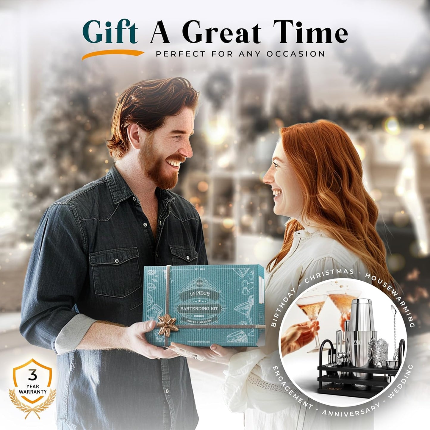 BARE BARREL® Mixology Bartender Kit Bar Set | 14-Piece Cocktail Shaker Set | Martini Barware Mixing Tools for Home Bartending | 35 Recipe Cards | Gift Set (28oz Boston Shaker, Silver/Black)