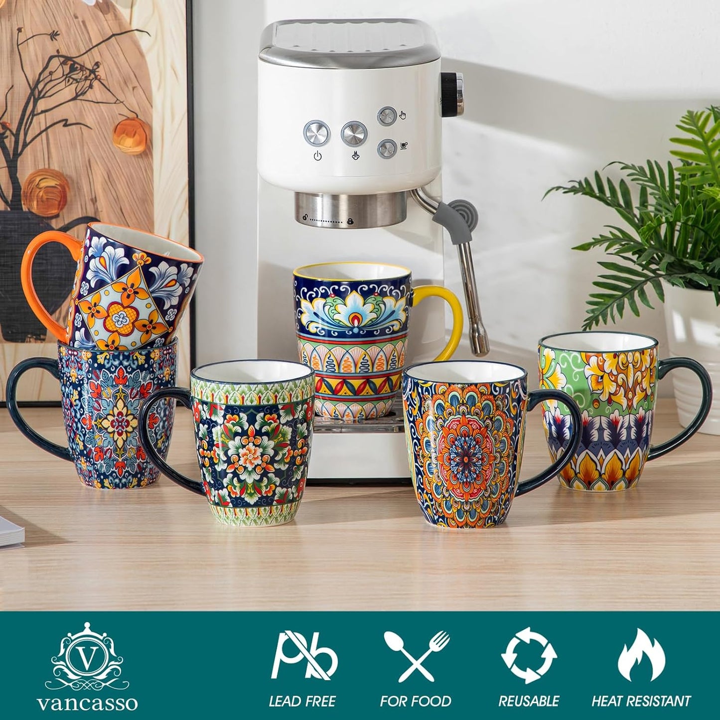 vancasso 12 oz Coffee Mugs Set of 6, Ceramic Mug with Handle, Boho Coffee Cups for Latte, Cappuccino & Hot Chocolate, Dishwasher & Microwave Safe Gift Set, Series SIMI