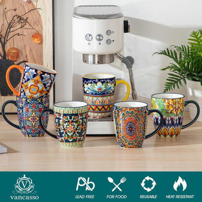 vancasso 12 oz Coffee Mugs Set of 6, Ceramic Mug with Handle, Boho Coffee Cups for Latte, Cappuccino & Hot Chocolate, Dishwasher & Microwave Safe Gift Set, Series SIMI